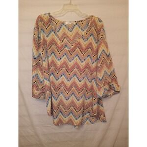Liberty Love 3X Blouse Tunic Top Multicolor 3/4 Sleeve Cuffs Geometric Zigzag A2